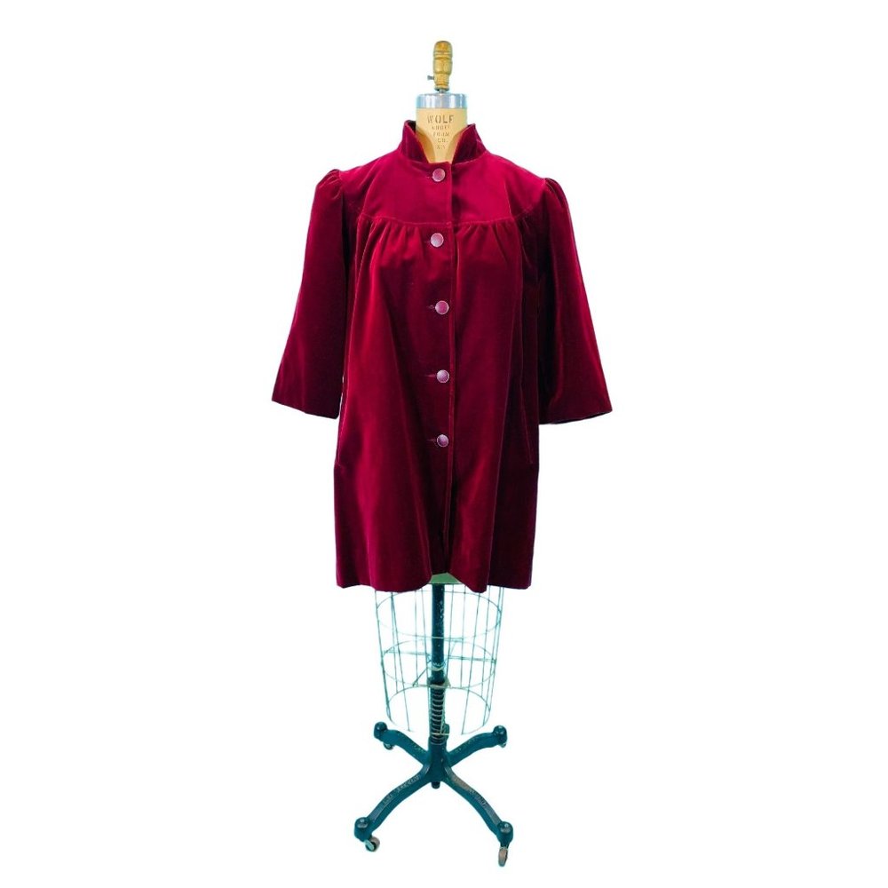 Vintage 70s Velvet Jacket Womens Large Maroon Yoke Neckline Short Coat
